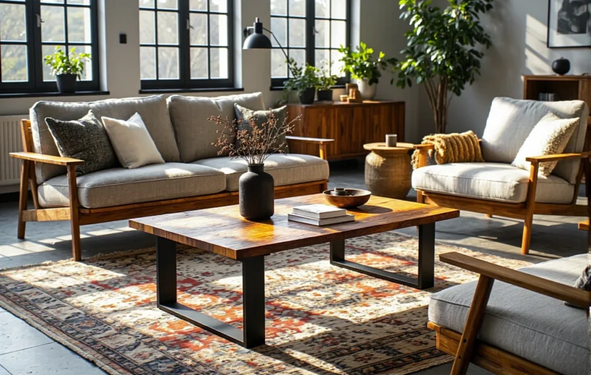 Stolik kawowy z drewna z odzysku na metalowych nogach