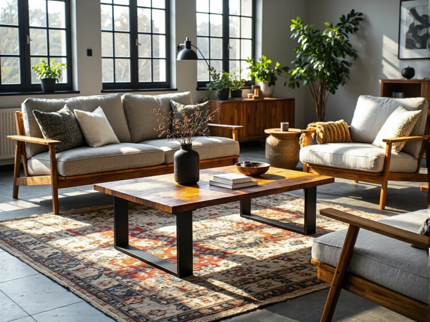 Stolik kawowy z drewna z odzysku na metalowych nogach Stolik kawowy z drewna z odzysku na metalowych nogach