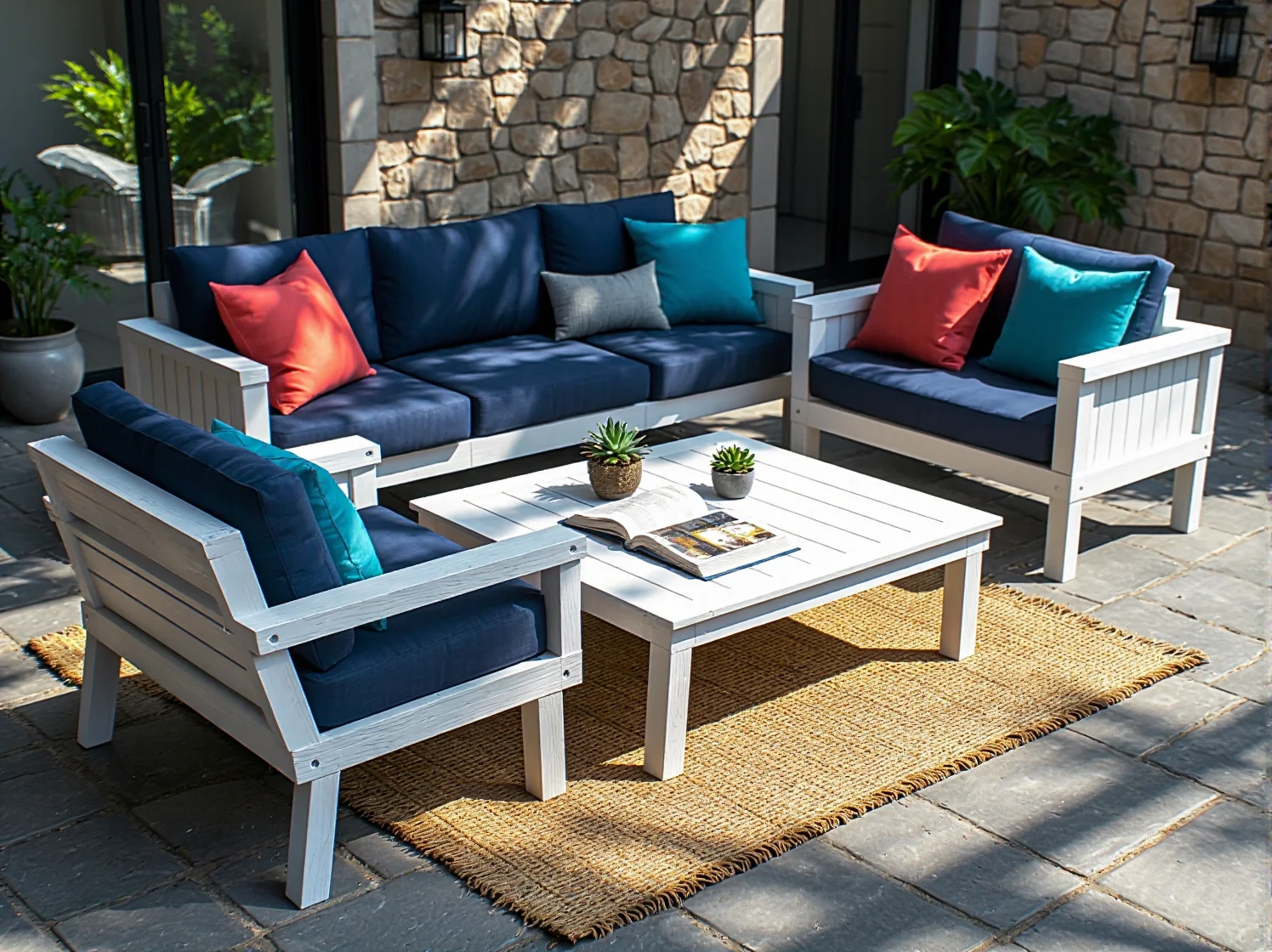 Ekologiczny stół i ławka z odzyskanego tworzywa w otoczeniu ogrodowej zieleni.