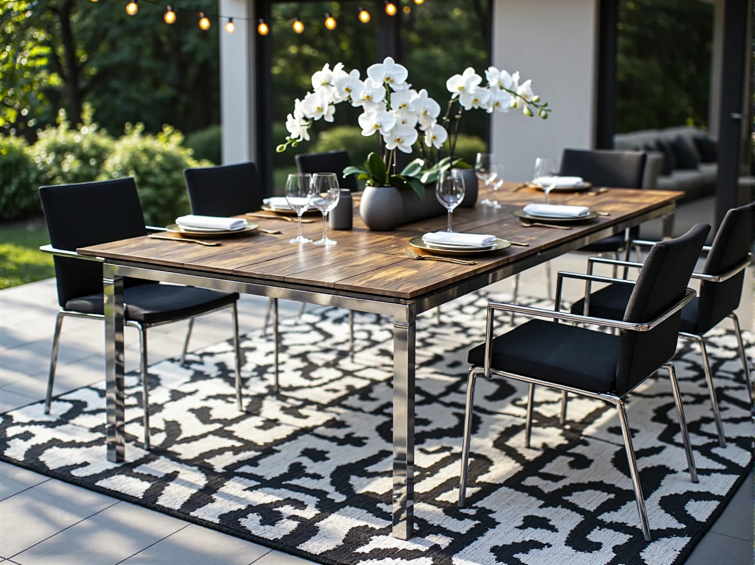 Nowoczesna jadalnia ogrodowa glamour, kryształowy żyrandol i metalowe krzesła przy dużym stole