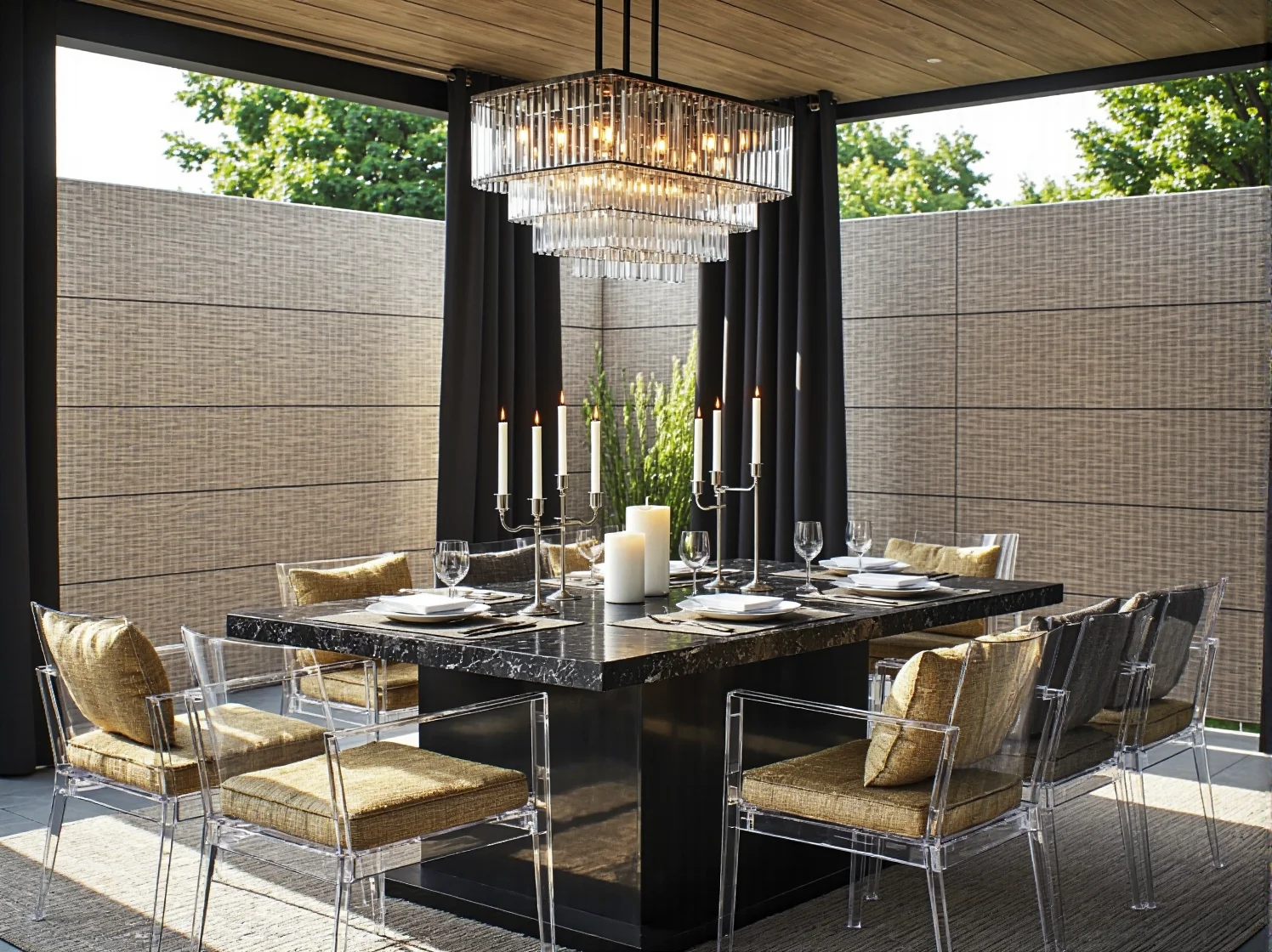 Elegancki zestaw wypoczynkowy na taras glamour z kryształowym oświetleniem.