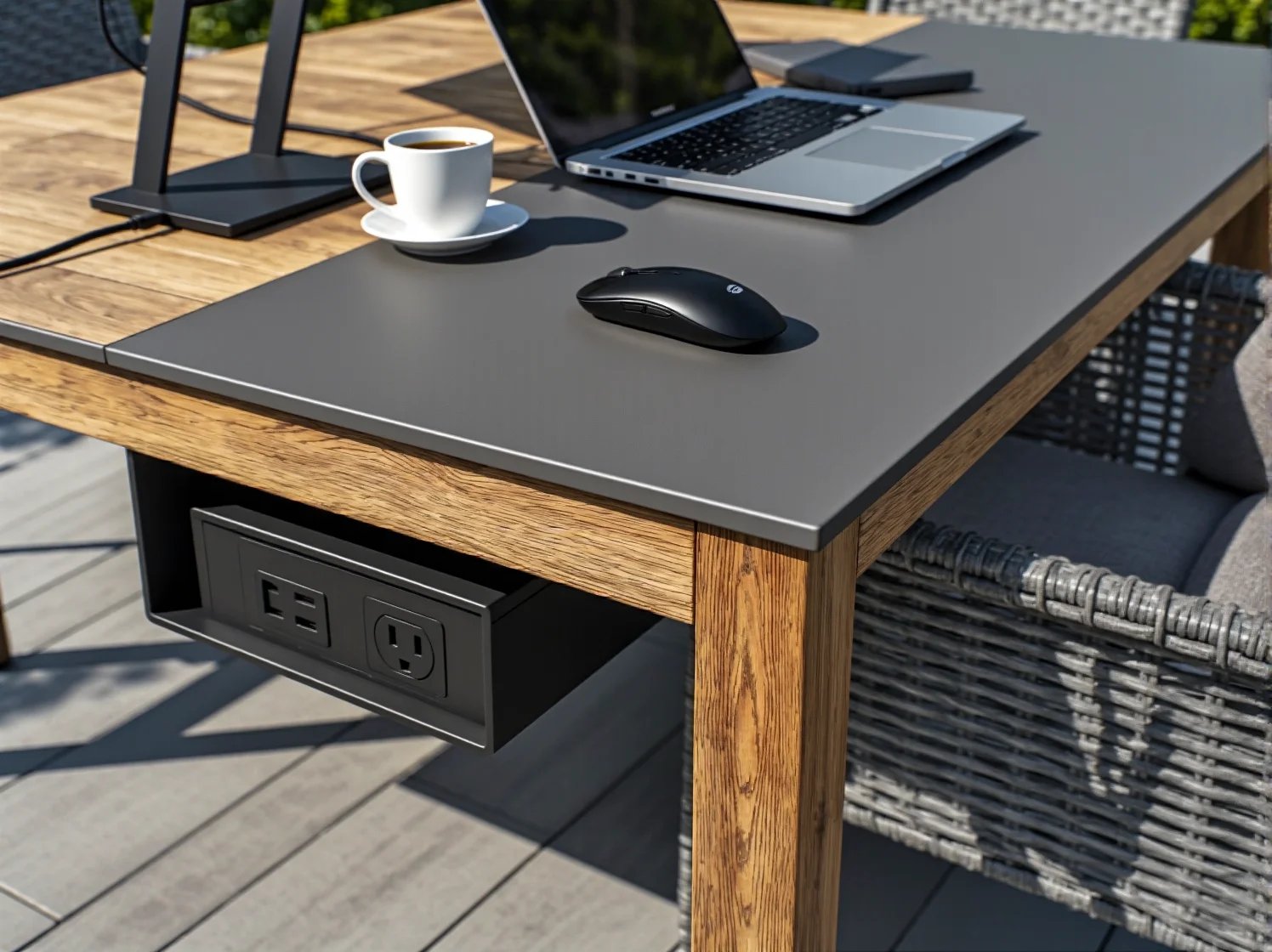 Ergonomiczne meble ogrodowe do pracy przy komputerze, odporne na zmienne warunki atmosferyczne.
