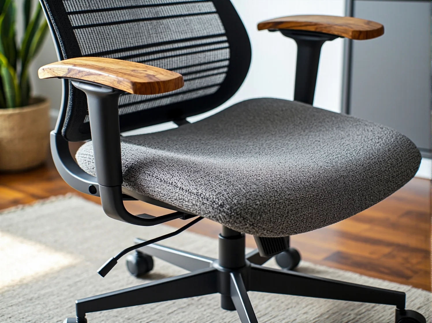 Ergonomiczny fotel biurowy z regulacją wysokości i podparciem lędźwiowym przy drewnianym biurku.