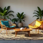 Dwa fotele ogrodowe technorattan miodowy ze stolikiem drewnianym