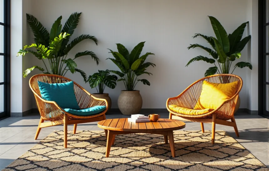 Dwa fotele ogrodowe technorattan miodowy ze stolikiem drewnianym