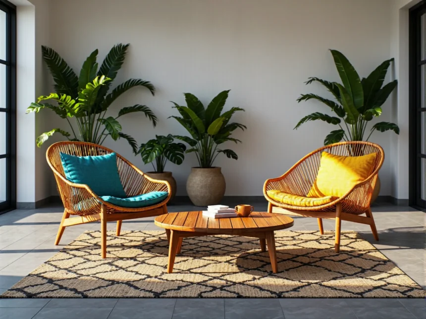 Dwa fotele ogrodowe technorattan miodowy ze stolikiem drewnianym Dwa fotele ogrodowe technorattan miodowy ze stolikiem drewnianym