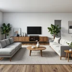 Niska szafka RTV orzech z szufladami i półkami otwartymi