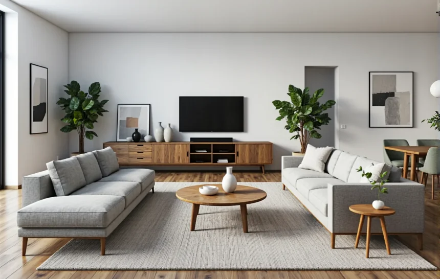 Niska szafka RTV orzech z szufladami i półkami otwartymi