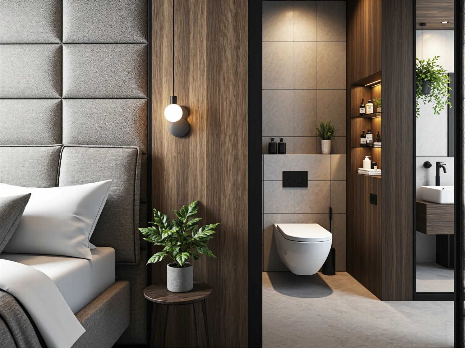 Spójny design sypialni połączonej z łazienką, drewniane akcenty i stonowane barwy