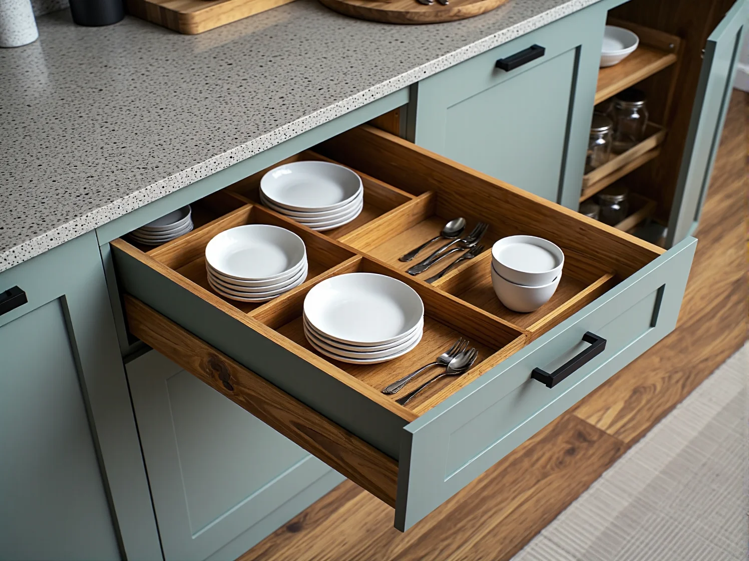 Funkcjonalne szafki kuchenne z systemem cichego domyku w zabudowie modułowej