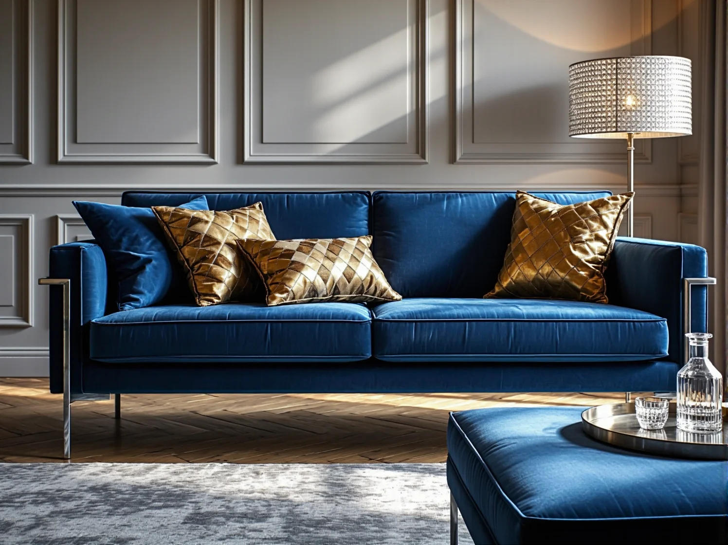 Nowoczesny narożnik z funkcją spania w eleganckim salonie otwartym na taras.