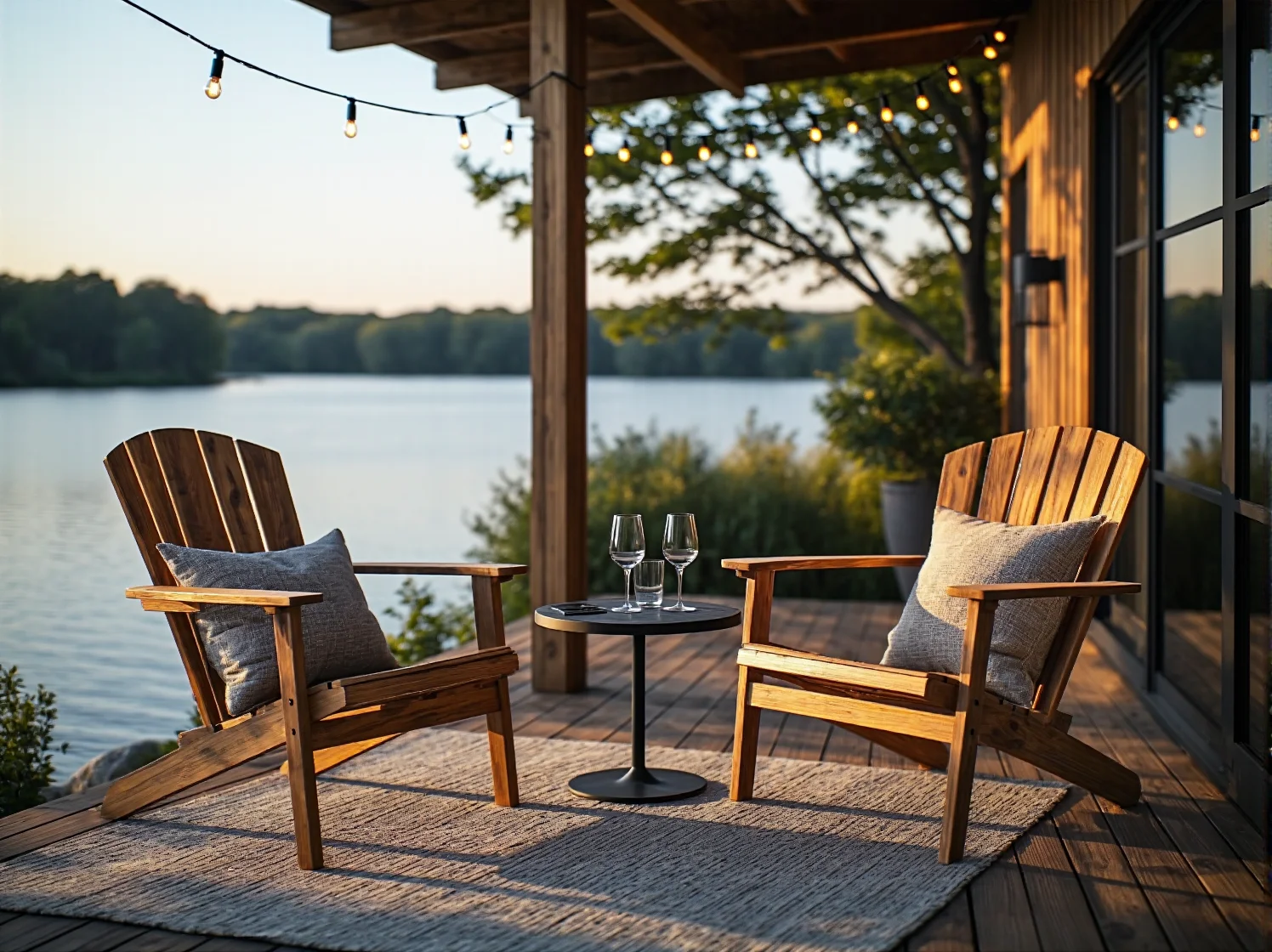 Girlanda solarna rozwieszona na tarasie z widokiem na taflę wody