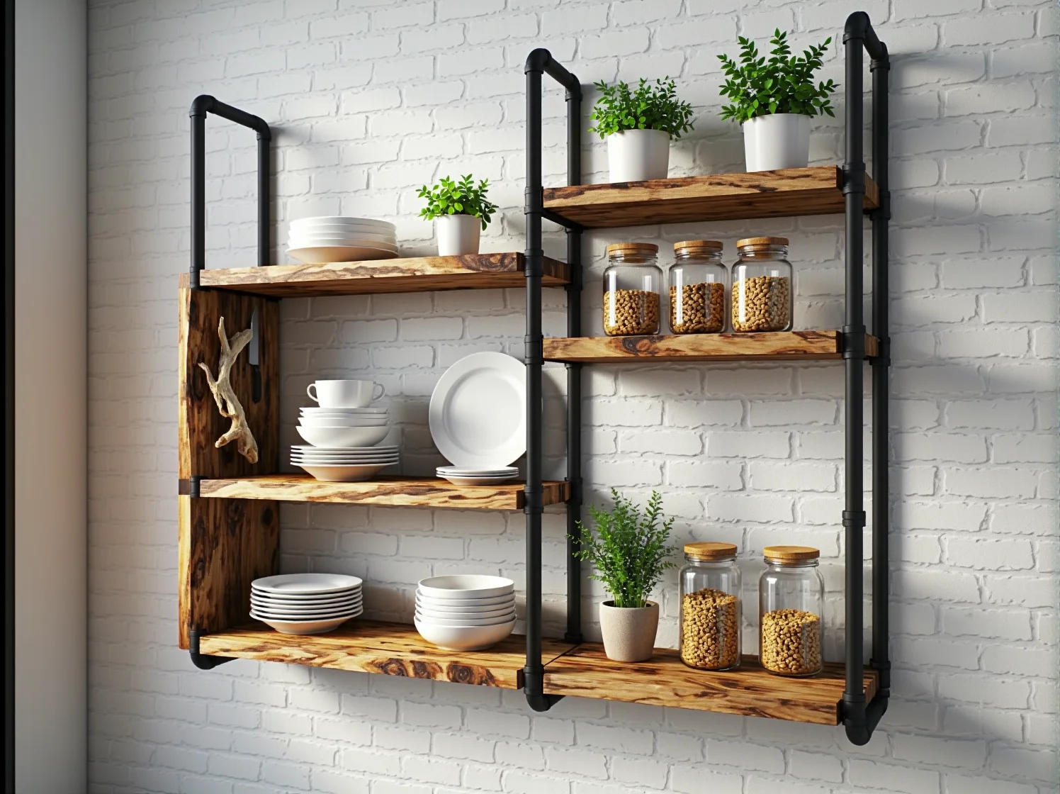 Zaimpregnowany blat z desek z rozbiórki odporny na wilgoć w jasnej kuchni.