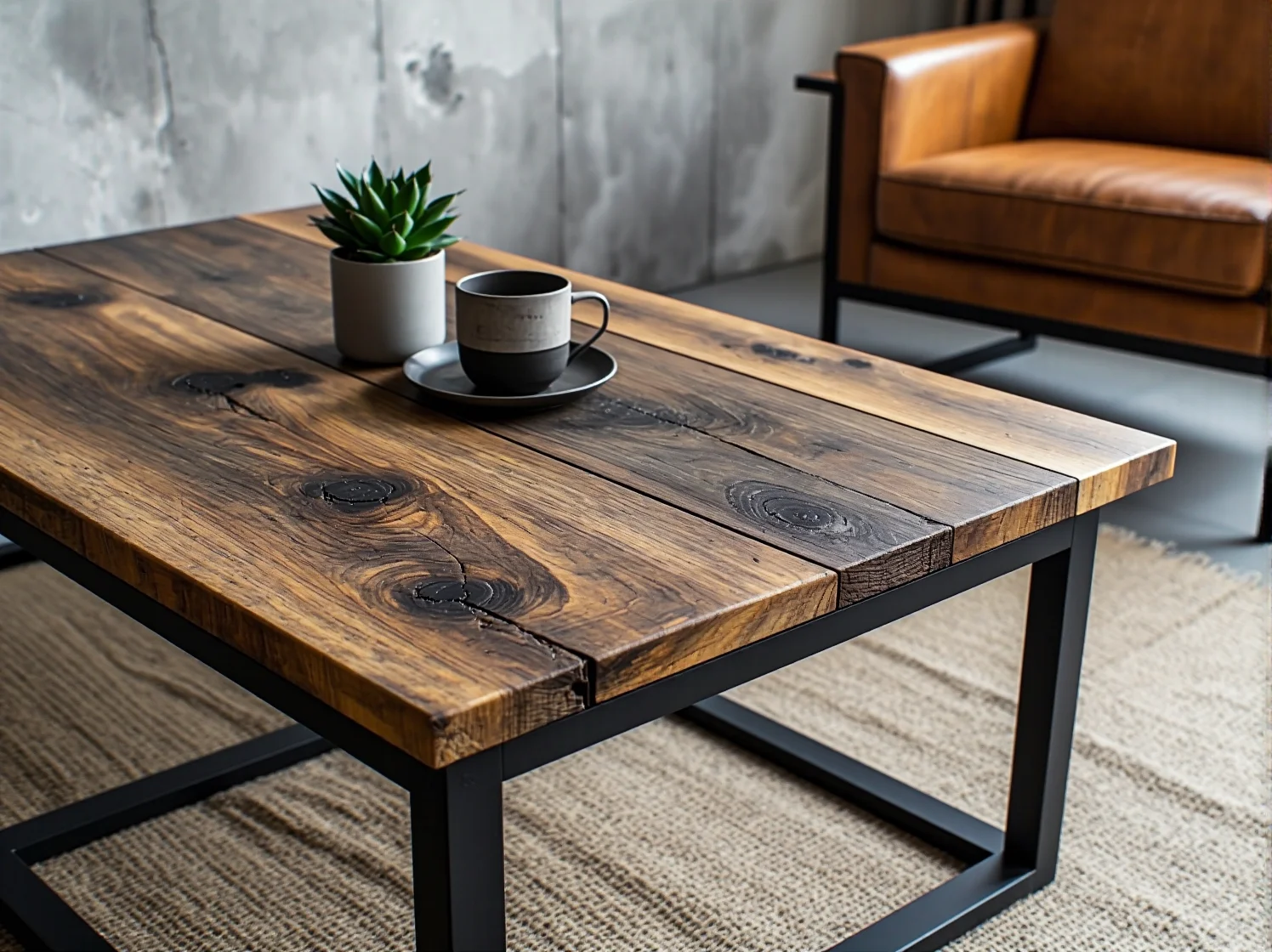 Industrialny stolik kawowy z litego drewna i czarnej stali, idealny do wnętrz loft