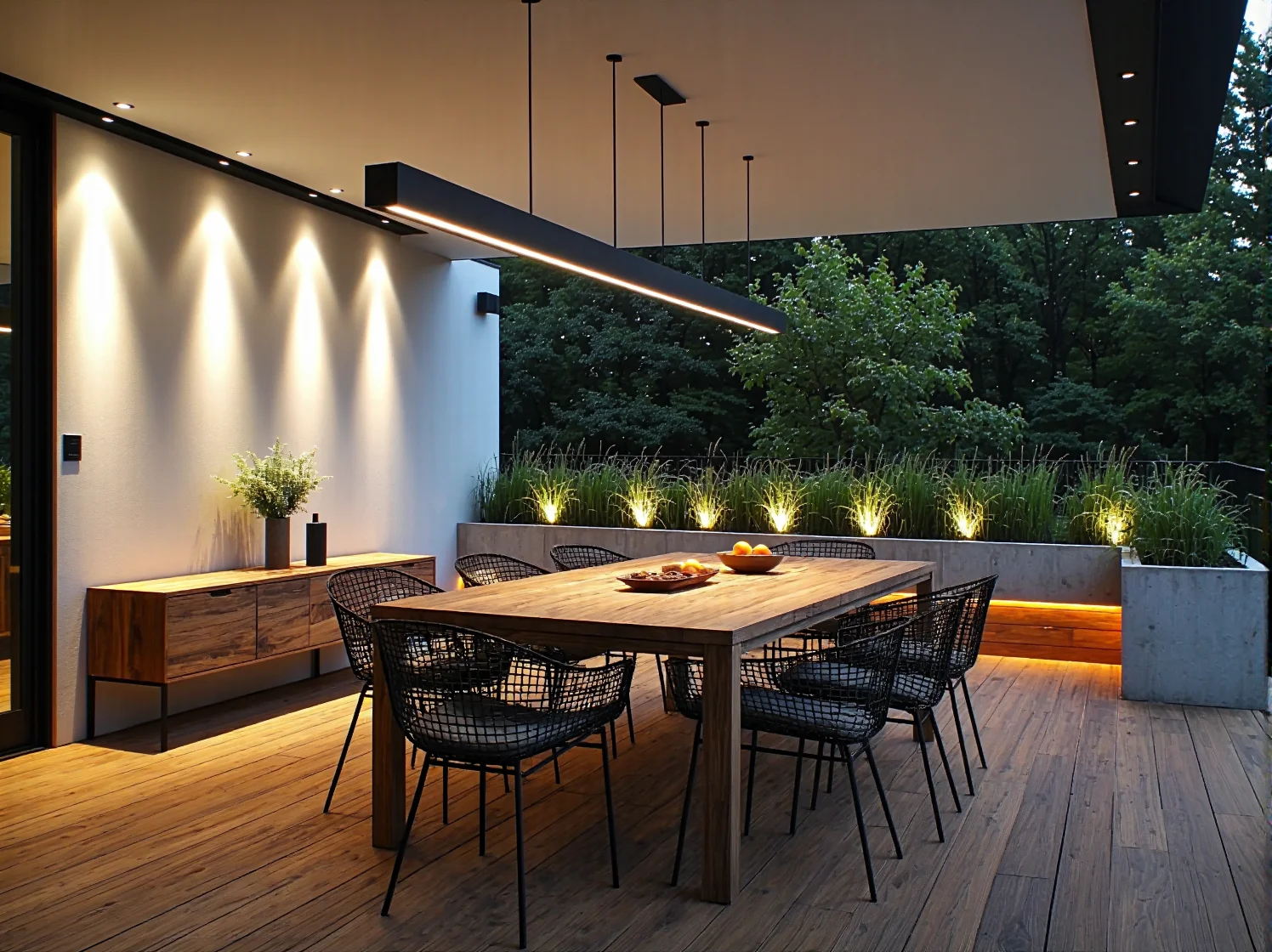 Strefa wypoczynkowa na tarasie oświetlona inteligentnym systemem sterowania światłem LED