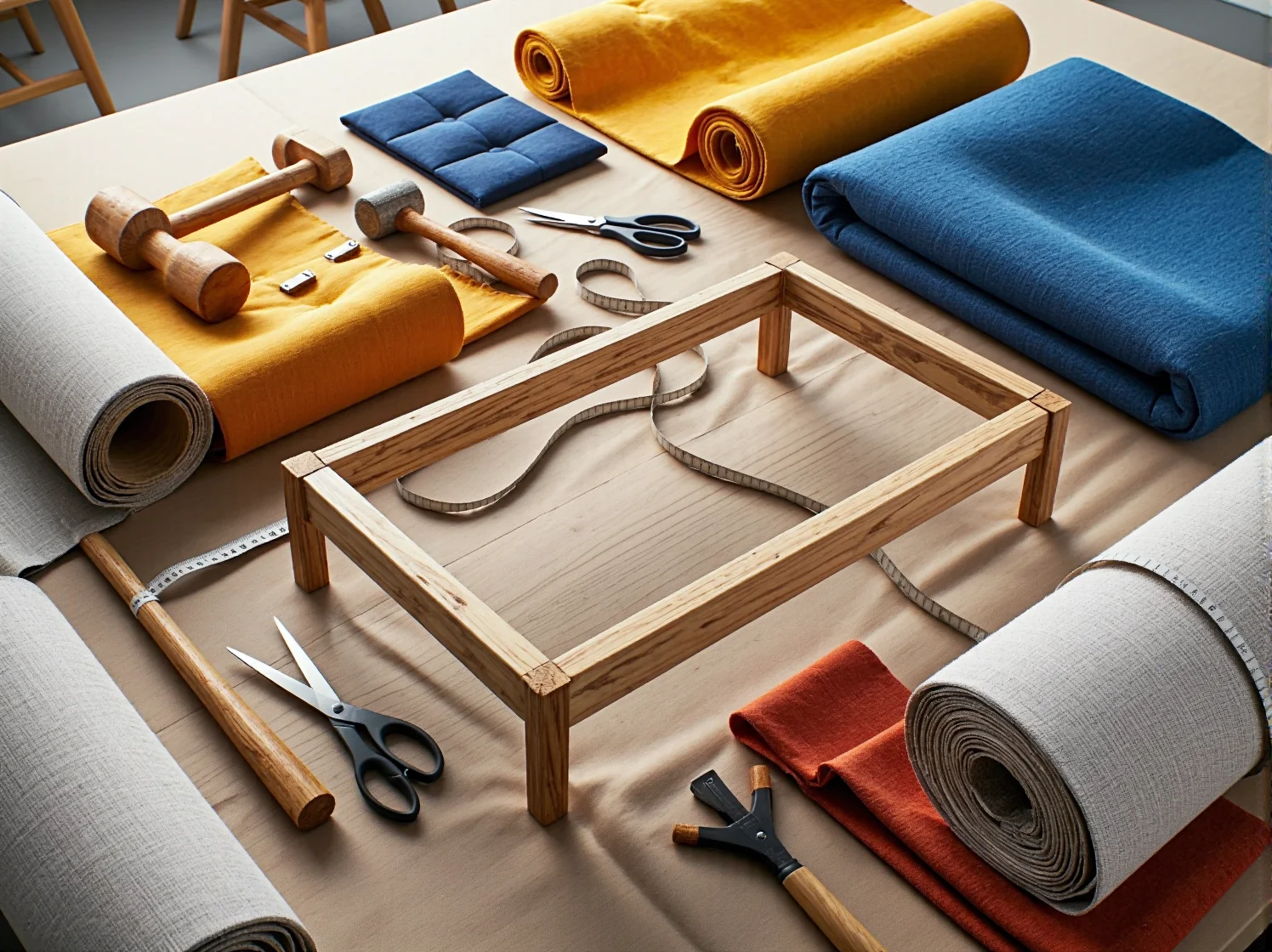 Mocowanie nowej tkaniny obiciowej na siedzisko przy użyciu zszywacza tapicerskiego.