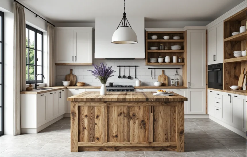 Wyspa kuchenna rustykalna z drewna dębowego z blatem