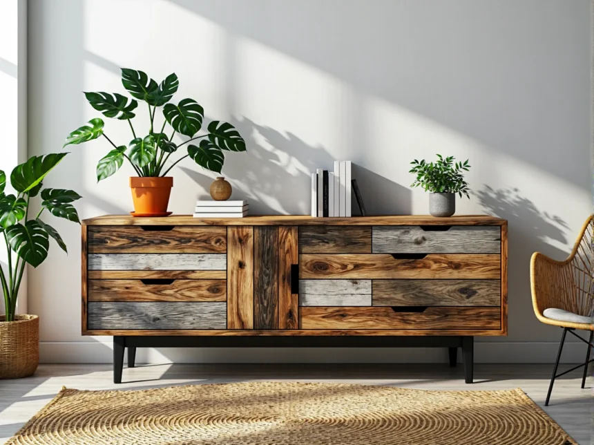 Niska komoda z drewna z odzysku z sześcioma szufladami Niska komoda z drewna z odzysku z sześcioma szufladami