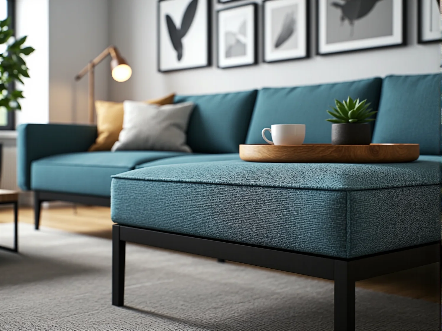 Kompaktowy narożnik na wysokich nóżkach optycznie powiększający przestrzeń salonu.