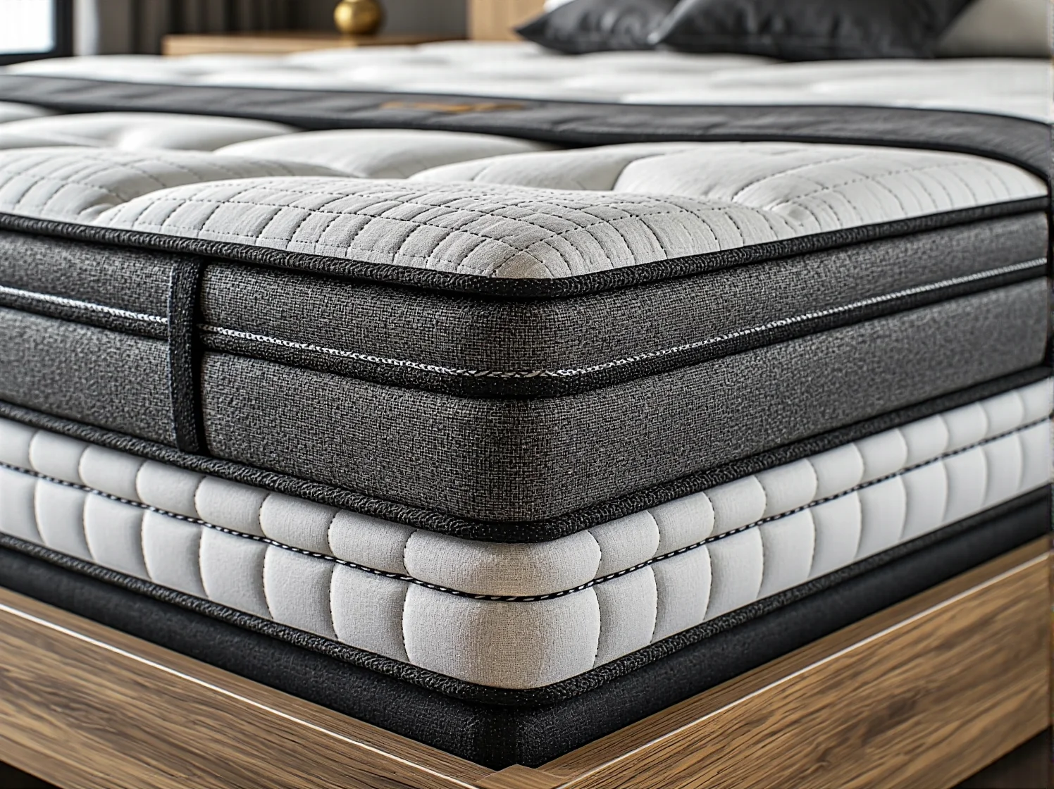 Przekrój łóżka kontynentalnego ukazujący wielowarstwową konstrukcję i materac boxspring