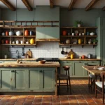 Rustykalna zabudowa kuchenna zielona z drewnianymi blatami i półkami