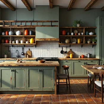 Rustykalna zabudowa kuchenna zielona z drewnianymi blatami i półkami