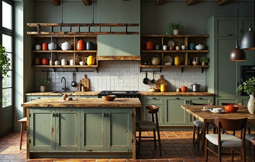 Rustykalna zabudowa kuchenna zielona z drewnianymi blatami i półkami