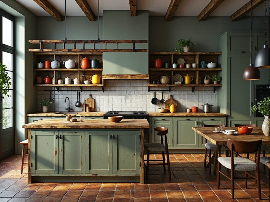 Rustykalna zabudowa kuchenna zielona z drewnianymi blatami i półkami Rustykalna zabudowa kuchenna zielona z drewnianymi blatami i półkami