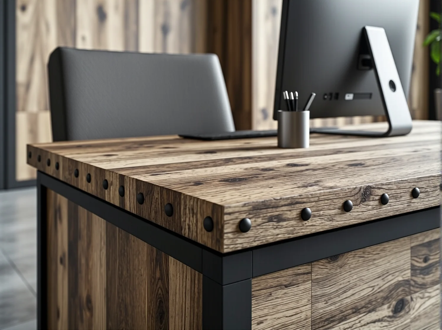 Minimalistyczna lada do recepcji wykonana z metalu i starego drewna, idealna do loftu.