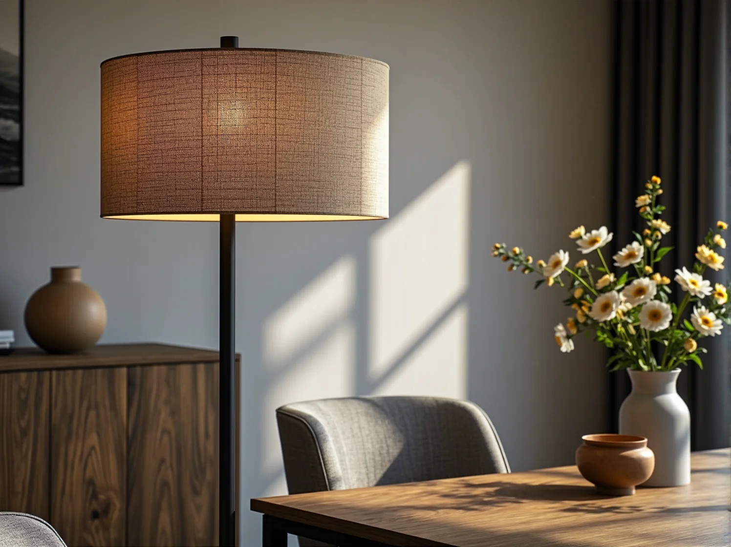 Lampa podłogowa łukowa nad stołem w jadalni w stylu skandynawskim