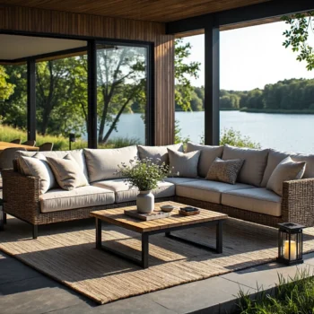 Narożny zestaw wypoczynkowy ogrodowy rattanowy z beżowymi poduszkami