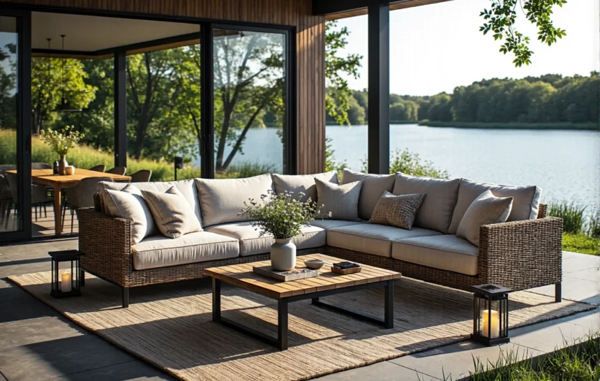 Narożny zestaw wypoczynkowy ogrodowy rattanowy z beżowymi poduszkami