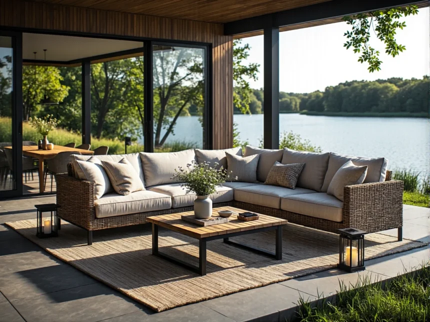 Narożny zestaw wypoczynkowy ogrodowy rattanowy z beżowymi poduszkami