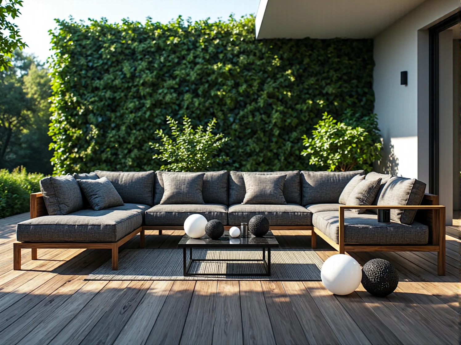 Geometryczne lampy solarne stojące na nowoczesnym tarasie z drewna