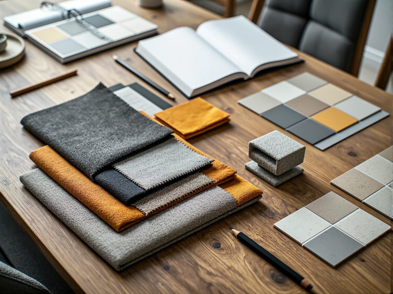 Lista pytań przed urządzaniem wnętrza zapisana w notatniku na tle salonu.