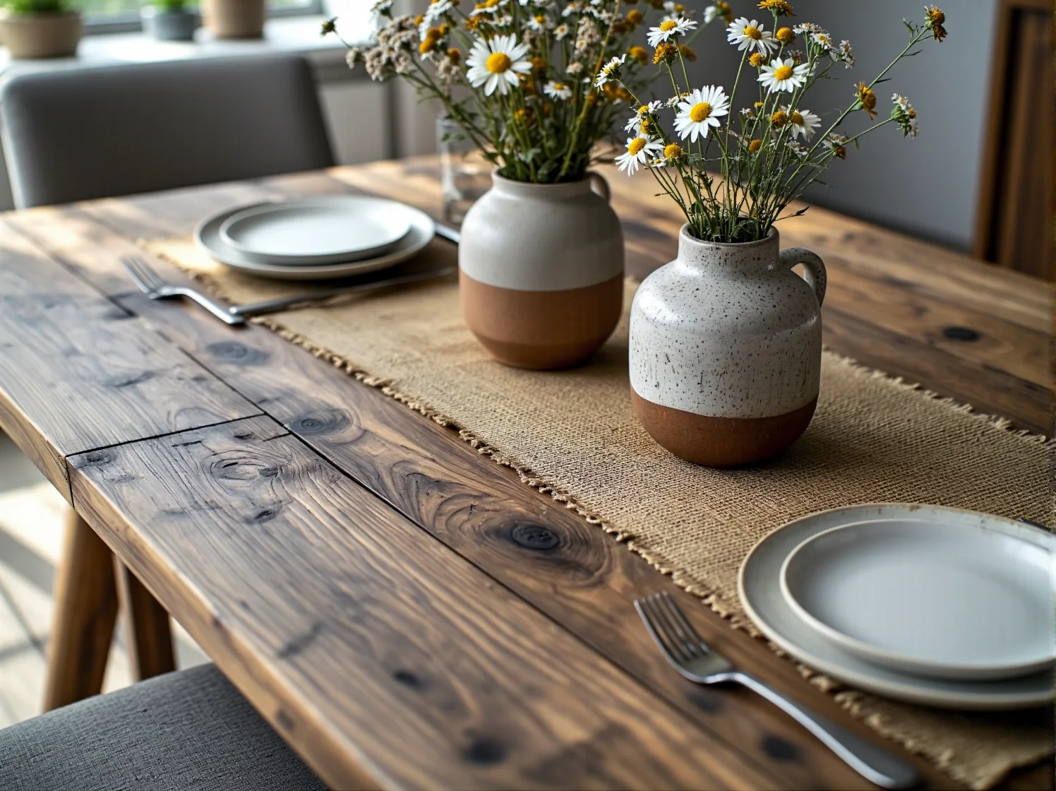 Lniany obrus i beżowe zasłony w przytulnej jadalni rustic