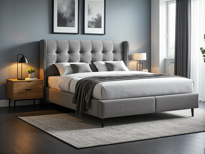 Szare łóżko kontynentalne tapicerowane z pikowanym zagłówkiem uszakiem