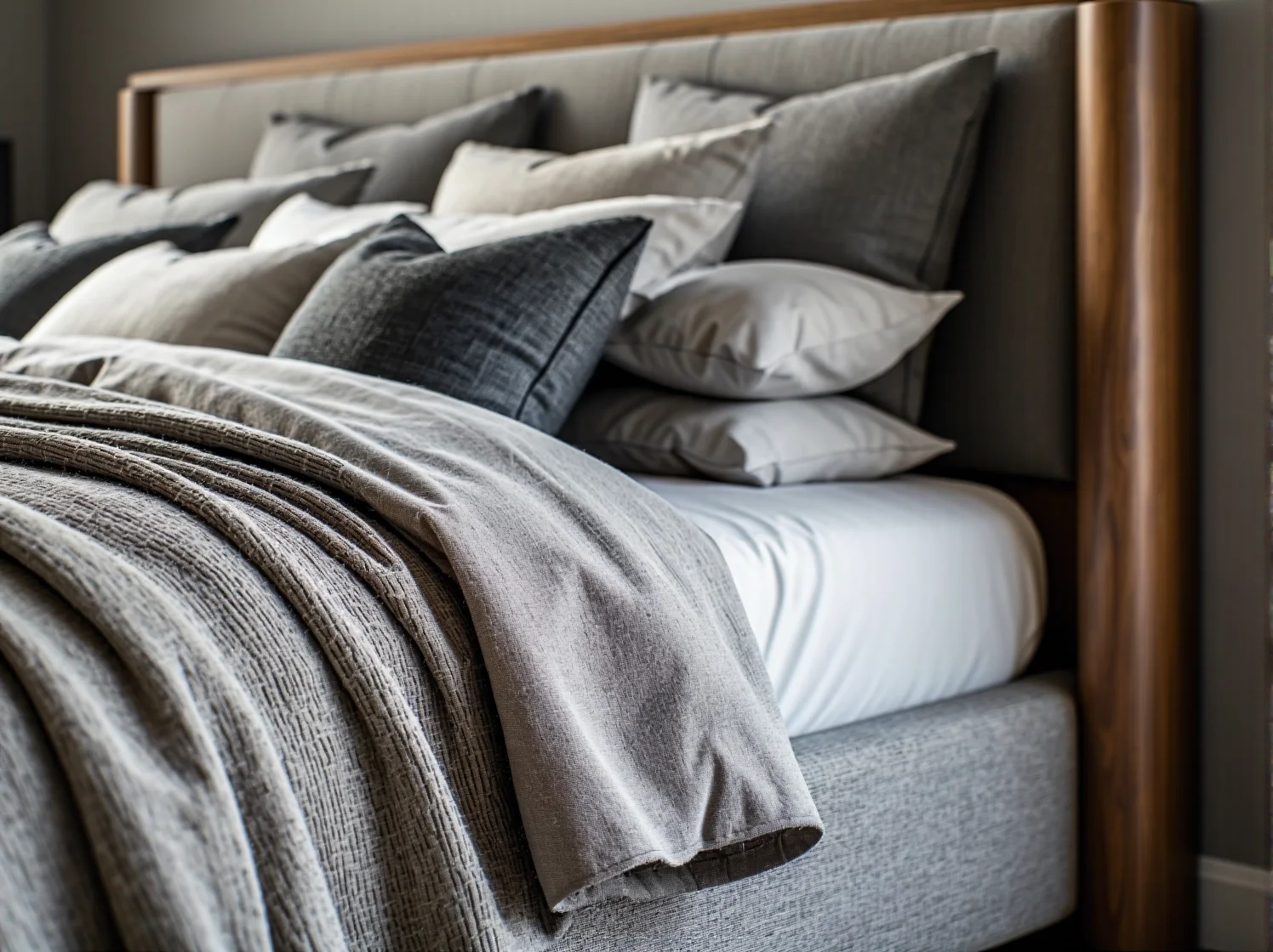 Nowoczesne łóżko kontynentalne z wysokim tapicerowanym zagłówkiem w stylowym wnętrzu