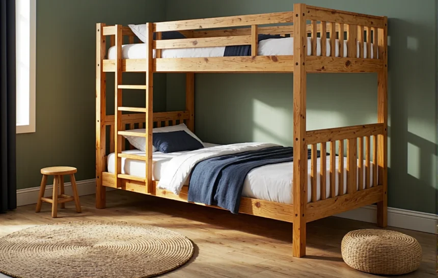 Łóżko piętrowe sosnowe z drabinką i barierkami ochronnymi
