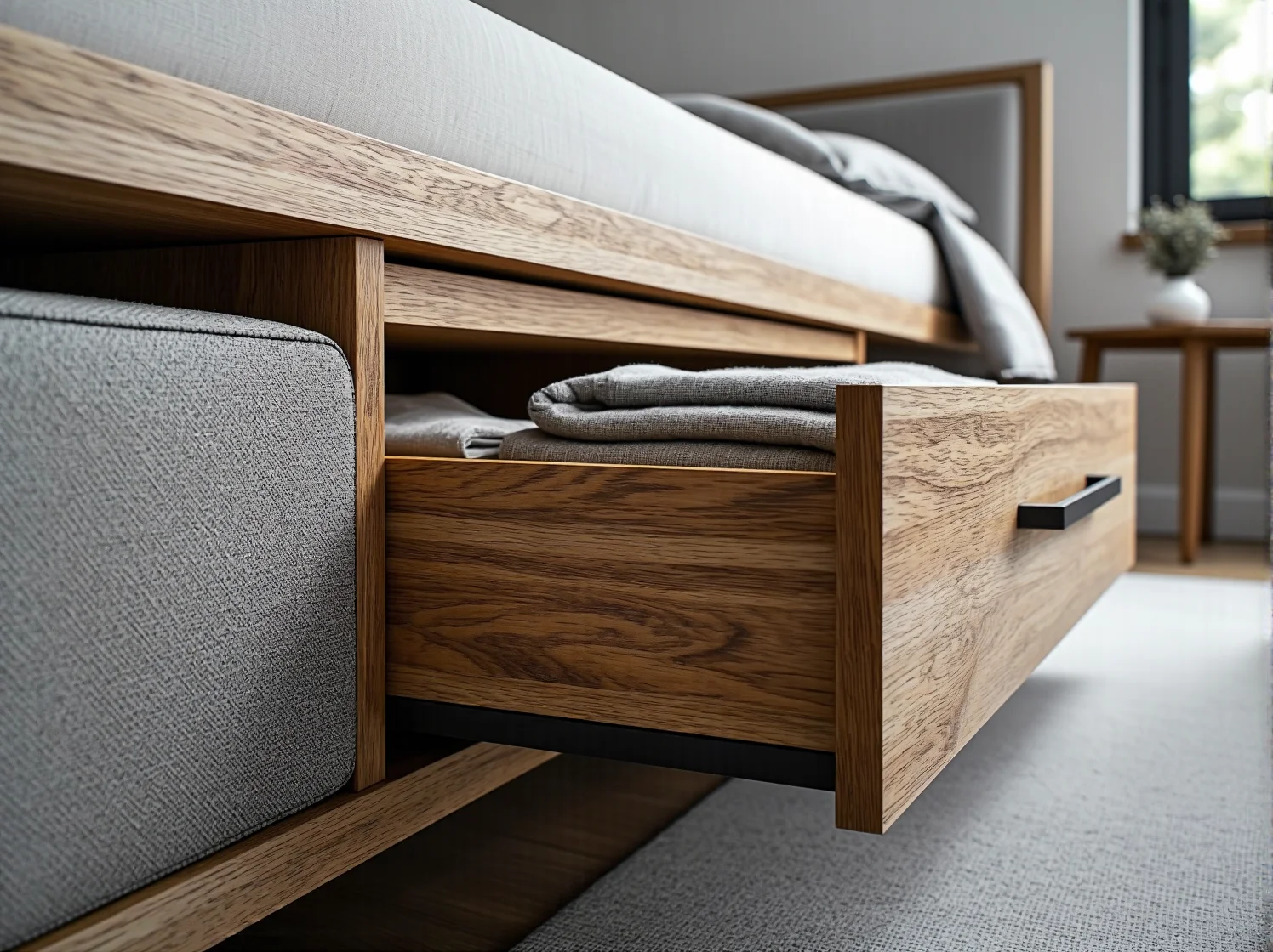 Białe łóżko w stylu skandynawskim z szufladami do przechowywania