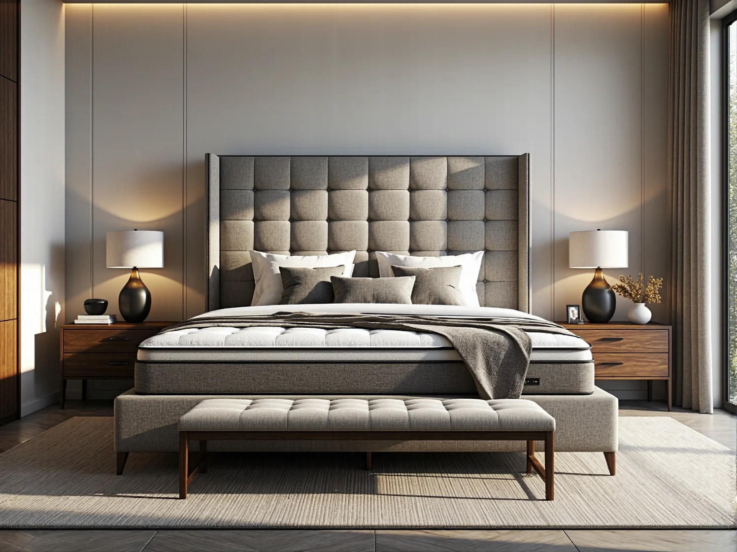 Luksusowe łóżko kontynentalne szare z pikowanym zagłówkiem