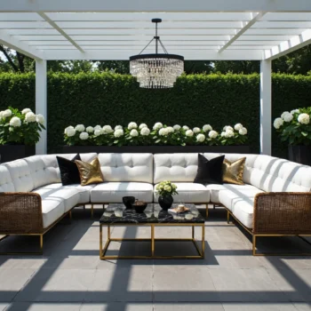 Narożnik ogrodowy rattanowy z białymi poduszkami i złotą ramą