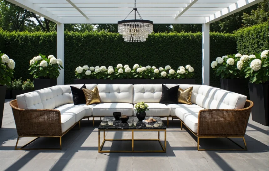 Narożnik ogrodowy rattanowy z białymi poduszkami i złotą ramą