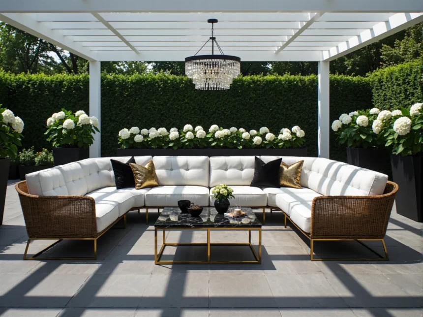 Narożnik ogrodowy rattanowy z białymi poduszkami i złotą ramą