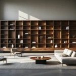 Elegancki regał orzechowy z otwartymi półkami i dolnymi szufladami