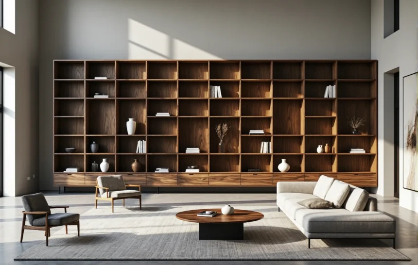 Elegancki regał orzechowy z otwartymi półkami i dolnymi szufladami