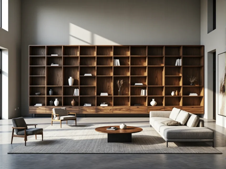 Elegancki regał orzechowy z otwartymi półkami i dolnymi szufladami Elegancki regał orzechowy z otwartymi półkami i dolnymi szufladami