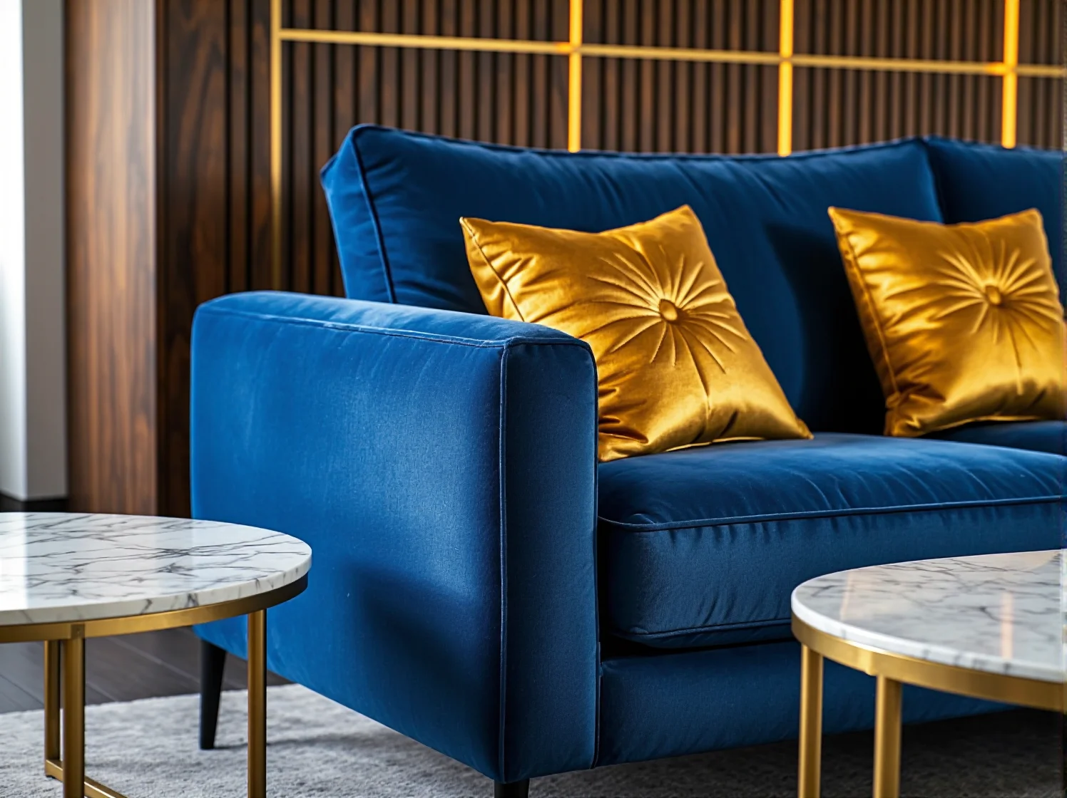 Luksusowy narożnik w stylu art deco ze złotymi nóżkami na tle geometrycznej tapety.