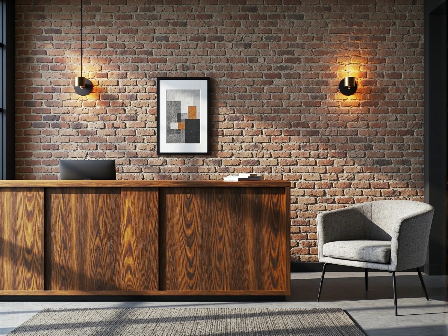 Mała lada recepcyjna industrialna do salonu fryzjerskiego lub biura, surowy design.