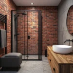 Drewniana szafka łazienkowa z szufladami i białą umywalką nablatową